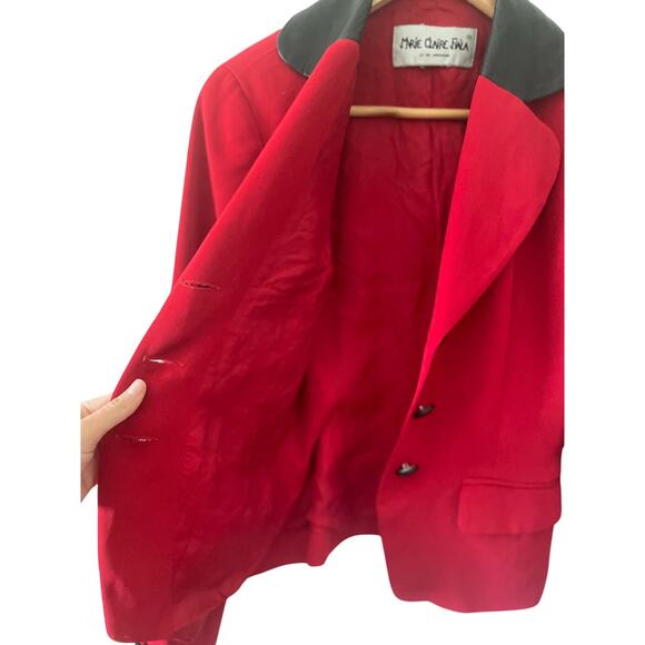Marie Clair Fiala Women Vintage Classic Red Button Front Blazer Leather Collar - Picture 8 of 12